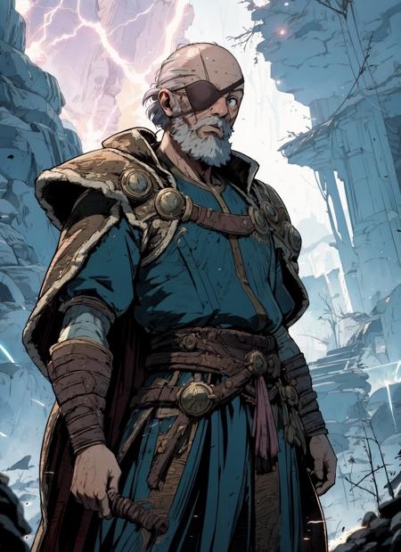  od1n, old male, white beard, bald , tunic Armor, cape, single eye patch, one blue eye, 