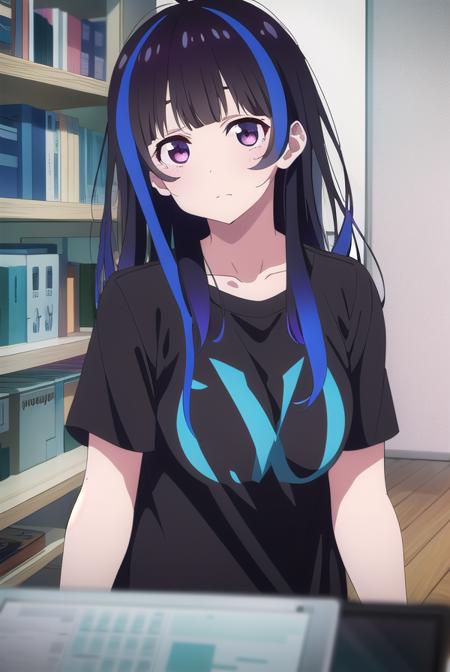 mini yaemori, long hair, bangs, black hair, blue hair, (purple eyes:1.1), multicolored hair, blunt bangs, streaked hair, ahoge, shirt, white shirt, short sleeves, clothes writing, skirt, shirt, animal ears, short sleeves, collared shirt, belt, cat ears, black skirt, uniform, animal ear fluff, parody, blue shirt, pencil skirt, black belt, police, police uniform,