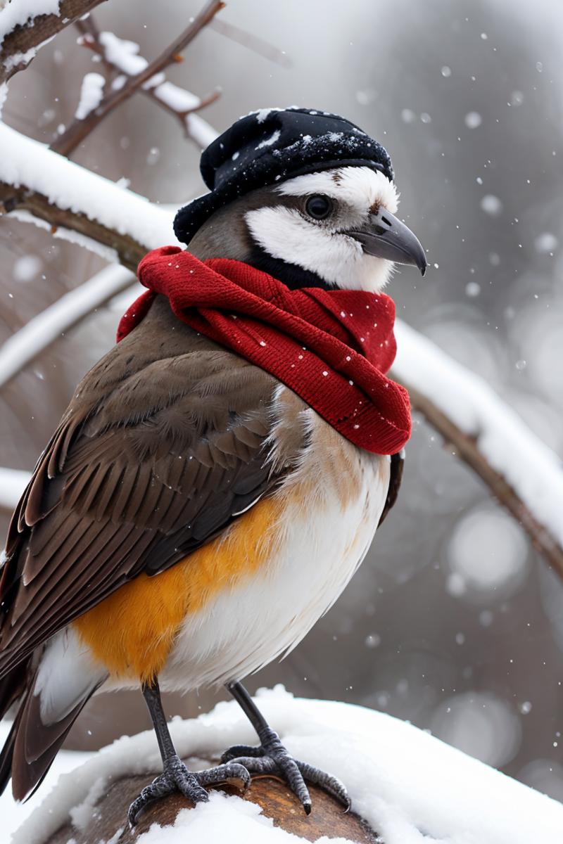 A bird wearing a red scarf and black hat sitting in the snow.