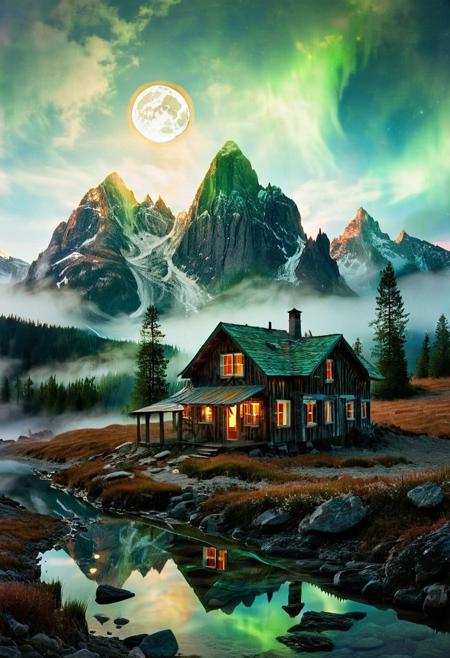 (by Ellen Jewett:1.5), (Bioluminescent Impressionism, The Dreamland), their peaks veiled in mist. mixed media, surrealism, great lighting, A surreal landscape highly detailed . extremely high-resolution details,  appears trapped in an optical illusion of reflections and refractions colorful , mountain cabin, professional photography, natural lighting, moon, night volumetric lighting maximalist. intricately detailed, complex, elegant, expansive, fantastical, film photography style,  medium grain,  <lora:MJ52:0.3>  <lora:SDXLFaeTastic2400:0.4>  <lora:EpicF4nta5yXL:0.7>.ethereal landscapes, depth of field, biotech emotion:1.3) <lora:xl_more_art-full_v1:0.5> <lora:add-detail-xl:1> <lora:RMSDXL_Creative:2>