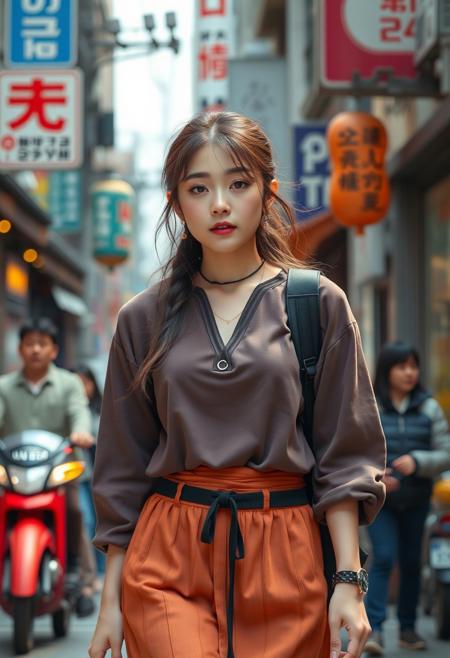 A young Korean woman wearing a modern streetwear outfit inspired by traditional hanbok, walking through a busy Seoul street, realistic style, high detail, fashionable and trendy, urban vibe.