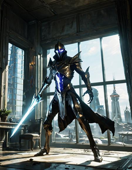 score_8_up, score_7_up, score_9, perfect lighting, masterpiece, realistic style, Excalibur Umbra, action pose, mid-air, indoors, energy blade raised, science fiction, orokin tower, dark and gritty <lora:Zariman_PONY:1>