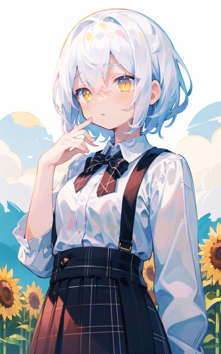 ((masterpiece)), (((best quality))), ((ultra-detailed)), ((illustration)), 
upper body, white background, 
1girl, white hair, short hair, yellow eyes, 
plaid skirt, cloud, bubble, sunflower, 
<lora:uenomigi-loha-000003:1>