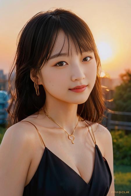 masterpiece, <lora:Sayash1.Riho:0.85>, (highly detailed skin), sunrise,(golden hour),outside, gorgeous, (realistic face), fashion, close-up, necklace, (black dress:1.1), slight smile, artistic