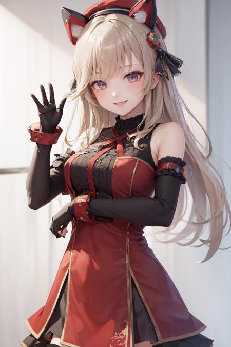 (masterpiece, best quality:1.2), <lora:vspo_komori-10:0.5>, solo, 1girl, komori met, virtual youtuber, smile, looking at viewer, black headwear, shirt, black elbow gloves, partially fingerless gloves, bare shoulders