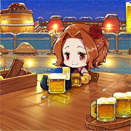 city, night, stone buildings, table, chair BREAK solo, dahlia, cute, red eyes, chibi, sitting, date pov, (beer mug:1.5) <lora:pk_dahlia-000008:1>