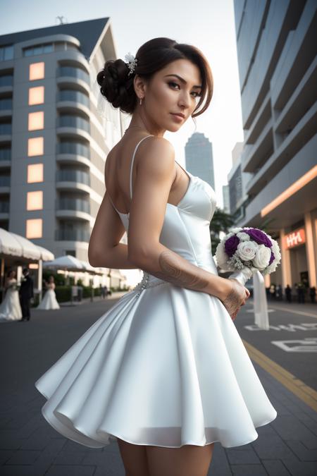 Woman posing for a photo, (side_view_perspective:1.3),(wearing sexy_wedding_short_dress:1.3), good hand,4k, high-res, masterpiece, best quality, head:1.3,((Hasselblad photography)), finely detailed skin, sharp focus, (cinematic lighting), collarbone, night, soft lighting, dynamic angle, [:(detailed face:1.2):0.2],(((5 stars hotel))), outside,