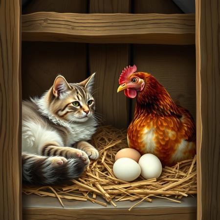 a nebelung cat is in a barn loft laying on some straw next to a hen. the hen is sitting on eggs. the cat is laying there watching the hen.