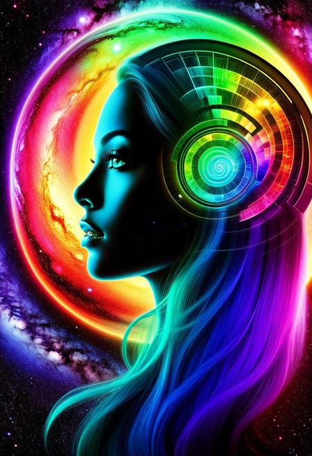 Silhouette de Monica Dallas  de face avec un fond de couleur arc-en-ciel dans la galaxie céleste avec des nébuleuses tourbillonnantes, african, concept art, artwork, 50% Visible