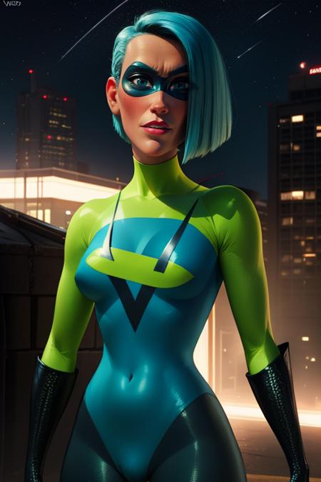 Voyd,blue hair ,dark skin,blue eyes ,short hair, lips, standing, upper body , nervous,  solo,  buck teeth,  
VoySui, black domino mask multicolored ,bodysuit, boots, skin tight, green sleeves,  covered nipples,  cameltoe, 
  stars,  city,  on roof, 
(insanely detailed, beautiful detailed face, masterpiece, best quality) cinematic lighting,
 <lora:Voyd-10v3:0.8>