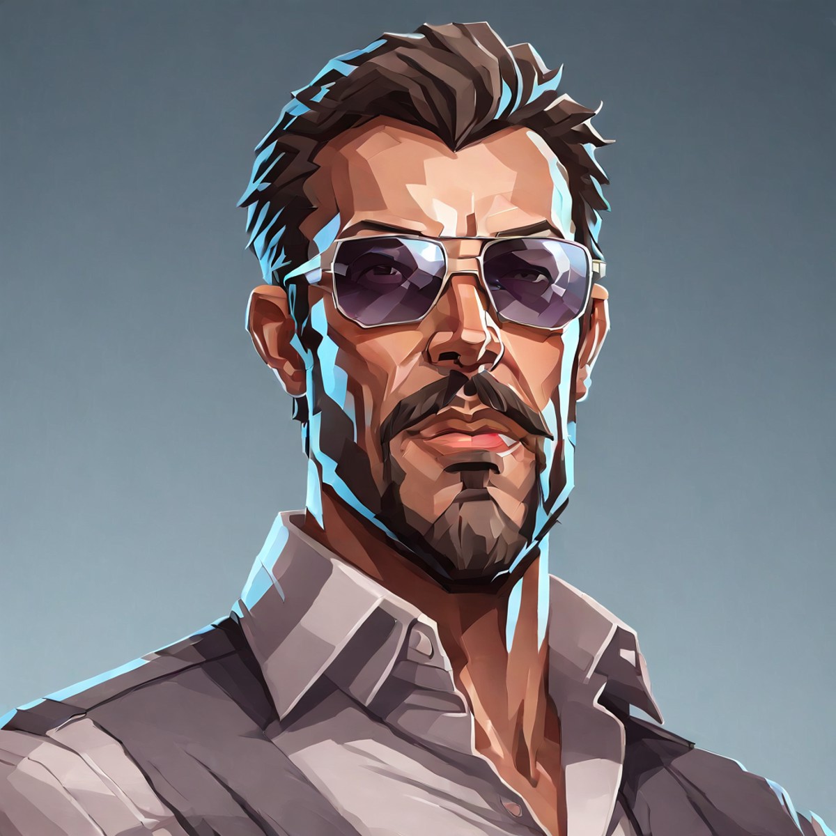 a closeup picture of a man with short brown hair and goatee moustache, wearing sunglasses, wearing a white dress shirt and...