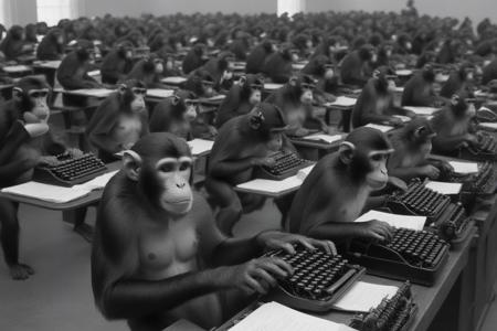 Photo of an Infinite number of monkeys typing on mechanical typewriters, 1920s. Infinite monkey theory.