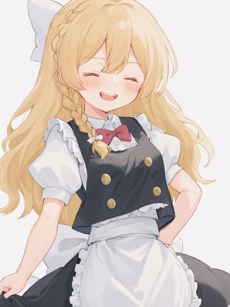 <lora:kirisame_marisa:1>,1girl, solo, kirisame_marisa, blonde_hair, closed_eyes, no_headwear, braid, white_background, simple_background, open_mouth, bow, apron, short_sleeves, smile, puffy_sleeves, hand_on_hip, single_braid, puffy_short_sleeves, blush, hair_bow, hair_between_eyes,  white_apron, white_bow, buttons, waist_apron, bangs, shirt, teeth, frills, bowtie, dress, black_skirt, black_vest, upper_body, skirt, white_shirt, vest