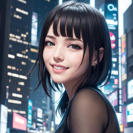 girl, smile, black eyes, black hair, cyberpunk, city