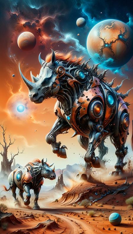 Acrylic Painting a vivid fantastical surrealism of detailed mechanical  ral-iontinvevisions rhinoceroses copper color running through rocky desert, deep cracks in the ground, Dry Trees, (a large planet on the horizon:1.6), (three:1.4) moons diferent color and size, colored fog,
Wide Angle, 8k,
in the style of Salvador Dal, ZdzisBaw BeksiDski, Joe Fenton,
<lora:ral-dissolve:0.7> ral-dissolve, <lora:xl_more_art-full_v1:0.5> <lora:ral-iontinvevisions:0.5>