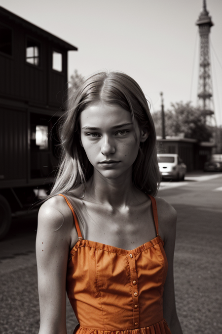 EllaRattigan2, Parisienne dress, feminine pose, well-lit wooden structure, abandoned Wild West ghost town, late afternoon, colorful red orange yellow light, very emotional camera angle, medium format camera, in the style of (Life Magazine)