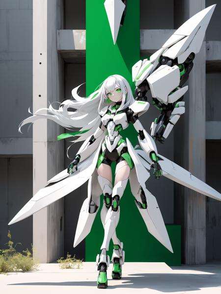 absurdres, highres, ultra detailed, (1girl:1.3), kawaii
BREAK, 
(girl:1.3), solo, white long hair, green eyes, cyborg, white mecha body, (battle action, dynamic action:1.2),
BREAK
, brutalist art, raw concrete, geometric forms, architectural sculptures, bold textures, industrial aesthetic, unadorned surfaces