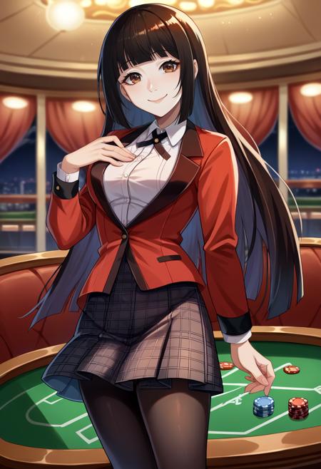 jabami yumeko, hime cut, brown / red eyes school uniform, red jacket, long sleeves, white shirt, black ribbon, black skirt, plaid skirt, black pantyhose