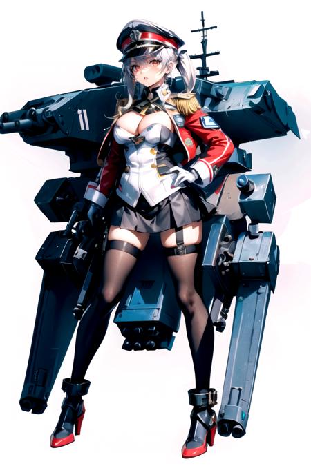 mecha,  mecha_musume,  metal,  1girl,  solo,  long hair,  looking at viewer,  skirt,  blonde hair,  simple background,  red eyes,  gloves,  long sleeves,  hat,  white background,  cleavage,  twintails,  standing,  jacket,  full body,  pantyhose,  white gloves,  uniform,  high heels,  black pantyhose,  military,  clothing cutout,  black headwear,  military uniform,  thigh strap,  cleavage cutout,  cross,  peaked cap,  turret,  military hat,  cannon,  military vehicle,  rigging,  iron cross,<lora:EMS-267079-EMS:0.700000>