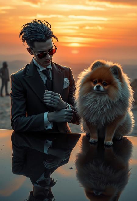 A dapper, androgynous figure adjusting their gloves with cold precision, while an extremely fluffy Pomeranian sits beside them, judging everyone,  otherworldly, reflective surfaces, existential thoughts, colorful sunset, character and history, Post-Apocalyptic undertones, graceful ribbons, soft light, dark whimsy, subtle textures