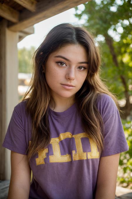 a headshot portrait of hnnhxl, portrait photography, 3 point backlight, diffused lighting, a close up RAW format high quality photograph, golden hour, wearing purple shirt, outdoors, Fujifilm X-E4, Fuji 75mm f1.2 lens, indoors, <lora:hnnhxl:1>