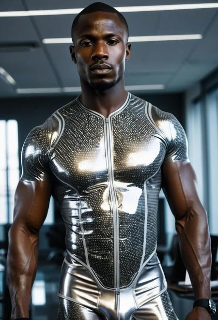 a very strong 28-year-old senegalese bodybuilder male, with short hair,  glazed face, mindless expression, wearing a skin tight latex jockstrap over his futuristic suit, wearing a skin tight silver latex futuristic suit with gray latex patterns. big muscles, standing at attention posture, inside a modern office , looking to the camera, detailed face, Cinematic, Photoshoot, Shot on 25mm lens, Depth of Field, Tilt Blur, Shutter Speed 1/1000, F/22, White Balance, 32k, Super-Resolution, Pro Photo RGB, Half rear Lighting, Backlight, Dramatic Lighting, Incandescent, Soft Lighting, Volumetric, Conte-Jour, Global Illumination, Screen Space Global Illumination, Scattering, Shadows, Rough, Shimmering, Lumen Reflections, Screen Space Reflections, Diffraction Grading, Chromatic Aberration, GB Displacement, Scan Lines, Ambient Occlusion, Anti-Aliasing, FKAA, TXAA, RTX, SSAO, OpenGL-Shader s, Post Processing, Post-Production, Cell Shading, Tone Mapping, CGI, VFX, SFX, insanely detailed and intricate, hyper maximalist, elegant, dynamic pose, photography, volumetric, ultra-detailed, intricate details, super detailed, ambient