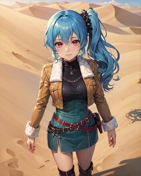 best quality, (masterpiece:1.2), illustration, absurdres,
(1girl), (solo), (beautiful detailed girl),  from above,
<lora:ClaireCasual-08:0.8>, blue hair, side ponytail, scrunchie, red eyes, medium breasts,
brown jacket, fur trim, green top, black collar, green skirt, belt, grey boots,
looking at viewer, gentle smile,
desert, sand dunes, sun, sky,