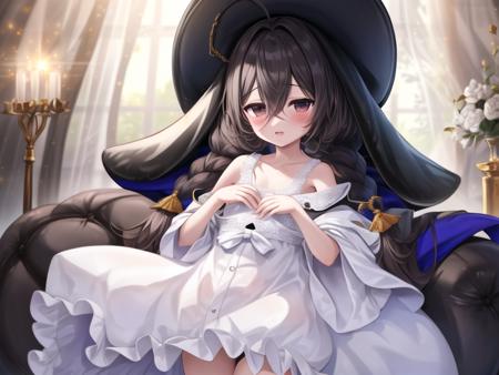 Whydah,black hair, long hair,black tricorn hat,low twintails, petite, flat chest, white dress, black jacket, 