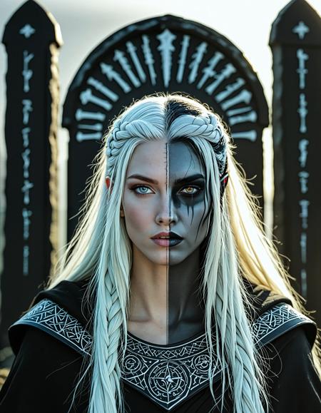 RAW close up analogue photo ((Hel the Norse Goddess)), clear focus, high resolution image, nbn-hel, ((half body, left black, right white)), ((white hair right side, black hair left side)), ((two-tones hair)),  heterochromia, realistic, <lora:sdxl_NBN-Hel_NordicByNature_r1:1.0>, nordicbynature, <lora:NordicByNature:0.8> ,Hel sitting atop a throne made of Viking shields and swords, her eyes glowing with the wisdom of the dead.,high quality, film grain, Fujifilm XT3, 8k uhd, dslr, film grain, kodak tri-x 400 film, grain photo DOF, faint lighting, dynamic angle, cinematic, Depth of field, bokeh, best quality, cinematic, light particles, highly_detailed, very_aesthetic, golden hour, beautiful_and_aesthetic