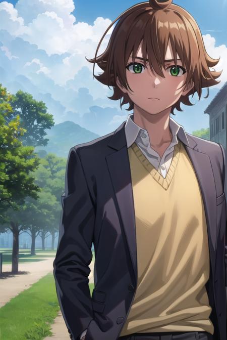 agktatsumi, <lora:agk tatsumi s1-lora-nochekaiser:1>,
tatsumi. brown hair, (green eyes:1.3), male focus, short hair, hair between eyes, ahoge,
BREAK  shirt, white shirt, collared shirt, yellow sweater, long sleeves, pants, black pants, boots, brown boots,
BREAK outdoors, nature, forest, trees, grass, sky, clouds,
BREAK looking at viewer, (cowboy shot:1.5),
BREAK <lyco:GoodHands-beta2:1>, (masterpiece:1.2), best quality, high resolution, unity 8k wallpaper, (illustration:0.8), (beautiful detailed eyes:1.6), extremely detailed face, perfect lighting, extremely detailed CG, (perfect hands, perfect anatomy),