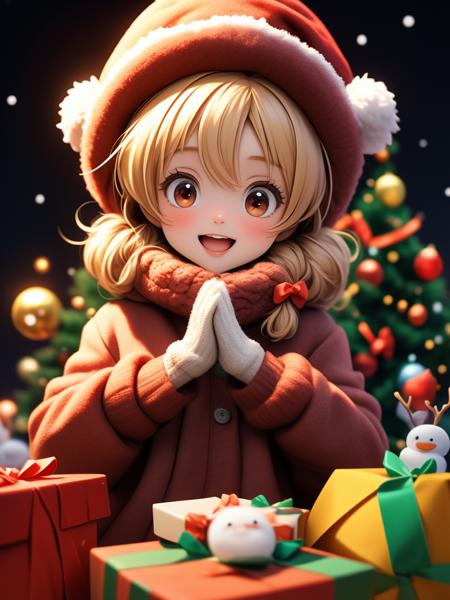 ltra-detailed,(best quality),((masterpiece)),(highres),original,extremely detailed 8K wallpaper,(an extremely delicate and beautiful),
anime,
\\,
BREAK
1girl, snowman, gift, christmas, solo, looking at viewer, hat, open mouth, smile, ahoge, mittens, gloves, food, twintails, scarf, blonde hair, candy, dress, red eyes, bow, christmas tree, ribbon, orange eyes, fur trim, :d, box, bell, red headwear, coat, long sleeves