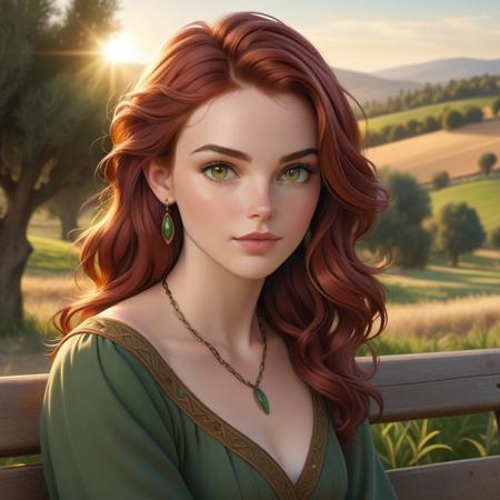 Portrait of \( Rosemary Kurt \) sitting on a bench with a peach on her hand: solo, 1girl, adult, age:30, slender build, elegant frame with a statuesque posture, oval face, high forehead, defined cheekbones, very fair porcelain skin, soft natural freckles across the nose and upper cheeks, sharp and symmetrical features, long hair with soft waves, (copper red hair:1.3), auburn hair, flowing naturally, almond-shaped (green-amber eyes:1.3), thoughtful or intense gaze, well-shaped eyebrows, slightly arched, color matching the hair, slender nose with narrow tip and soft bridge, medium-full lips, defined cupid’s bow, minimal makeup, warm and natural tones, antique-style rings, bracelets, bronze or green stone necklaces, deep green or muted-tone tops, simple with medieval or bohemian flair, calm or introspective expression, warm countryside or rural background, olive trees or glade, golden hour lighting, soft afternoon or evening sun, (close-up:1.4), realistic, masterpiece, correct anatomy, sharp focus, field of view