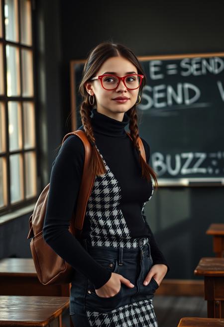 (Old college classroom). 18 year old woman, nerdy girl, petite woman, skinny:0.7, cute slender oval face, no makeup,  blue eyes, full pouty lips, mouth slightly open, naturally red lips, red framed round glasses, dark brown hair in twin braids, tiny little breasts:0.5, (no bra, covered nipples), petite body, skinny, wide hips, perfect toned ass, 
Black and white houndstooth pencil skirt, tight black long sleeved turtleneck tucked into jeans:0.8, brown leather backpack slung over one shoulder
In an old classroom, standing next to chalkboard, wall of windows, room only being lit by the light coming in the windows, dark background, old wooden desks,  (((text on chalkboard says”E = SEND BUZZ”, beautiful window side lighting,