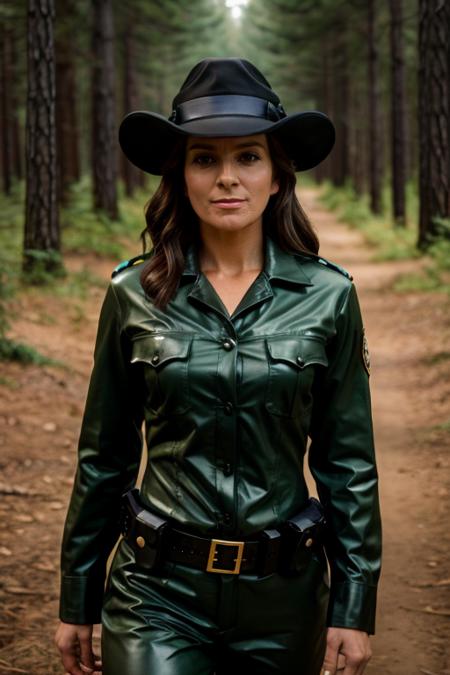cop costume ,  forest , day  <lora:Tina_Fey:1> 1girl, solo, a mature t1873f, masterpiece, best quality, detailed face,