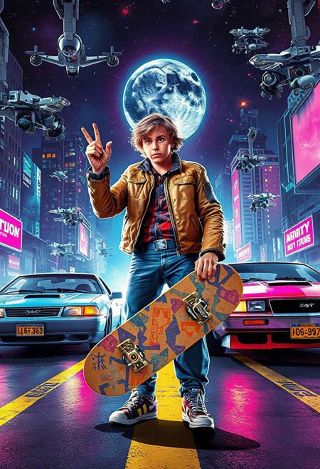 CYBERPUNK STYLE, MARTY MCFLY FROM BACK TO THE FUTURE HOLDING HIS SKATEBOARD SURPRISED IN A CYBERPUNK FUTURE QITH ANDROIDS FLYING CARS ROBOTS