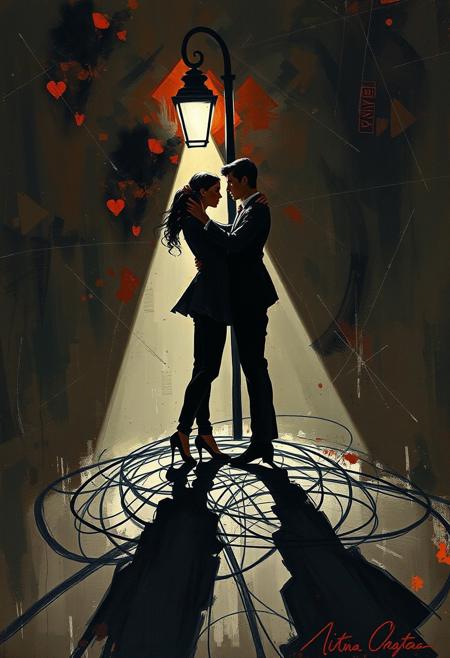 Two dancers embrace beneath a flickering streetlamp, their shadows broken into chaotic abstract lines that swirl around their feet., cinematic realism, romantic noir, expressive abstraction, gestural brushwork, moody atmosphere, dynamic mark-making, dramatic lighting, suited figures, melancholic tone, emotional contrast, 20th-century glamour, textural abstraction, lonely elegance, bold composition, abstract background, fragmented environments, painterly tension, noir sensuality, psychological depth, visual drama