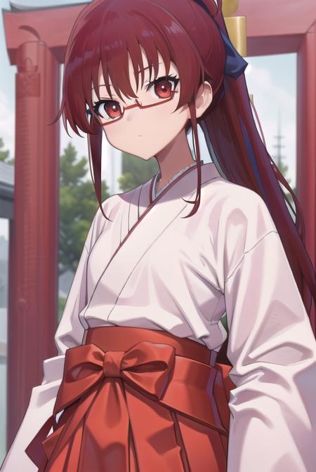 tomoekarijuku, <lora:tomoekarijukutest:1>, tomoe karijuku, long hair, (red eyes:1.2), ponytail, red hair, glasses, semi-rimless eyewear, red-framed eyewear,
BREAK skirt, japanese clothes, hakama, hakama skirt, miko, red hakama,
BREAK looking at viewer,
BREAK outdoors, shrine,
BREAK <lora:GoodHands-vanilla:1>, (masterpiece:1.2), best quality, high resolution, unity 8k wallpaper, (illustration:0.8), (beautiful detailed eyes:1.6), extremely detailed face, perfect lighting, extremely detailed CG, (perfect hands, perfect anatomy),