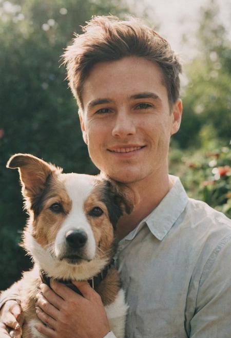 cinematic film still fashion photography portrait of 1man with cute dog as companion, headshot, sunlight , Fine Art & Beauty Photography – ,,light diffraction in frame, dreamy,hazy look.  Helios 44-2 lens mounted on a Praktica MTL 5B Helios 44M-4 lens, 58mm f/2,   in a garden. authentic happy smile towards camera, <lora:hand 4:0.3>