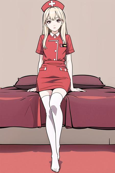 long_hair,red_eyes,blonde_hair,staring,((slim legs)),(white_thighhighs),(no shoes),sleeves,flat_chest,nurse cap,((nurse)),flat color,petite,solo,staring,full body,on bed,staring,nurse,,