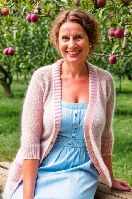 realistic photo of a slim woman, wearing short pink mohair knit cardigan, huge bust, light blue dirndl apron, buttons open, sitting in orchard, giant huge bust, smiling, looking at the viewer, (sharp focus, highly detailed, 4k, 8k, best quality, masterpiece, ultra highres:1) , 1girl
