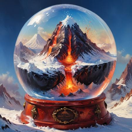 erupting volcano in a whimsical snow globe, detailed oil painting by Marc Simonetti and Anton Fadev, photorealism, amazing depth, beautiful art,  maximalism, fantasy concept art, hyperdetailed, impressive masterwork by head of prompt engineering <lora:xl_more_art-full_v1:0.8>