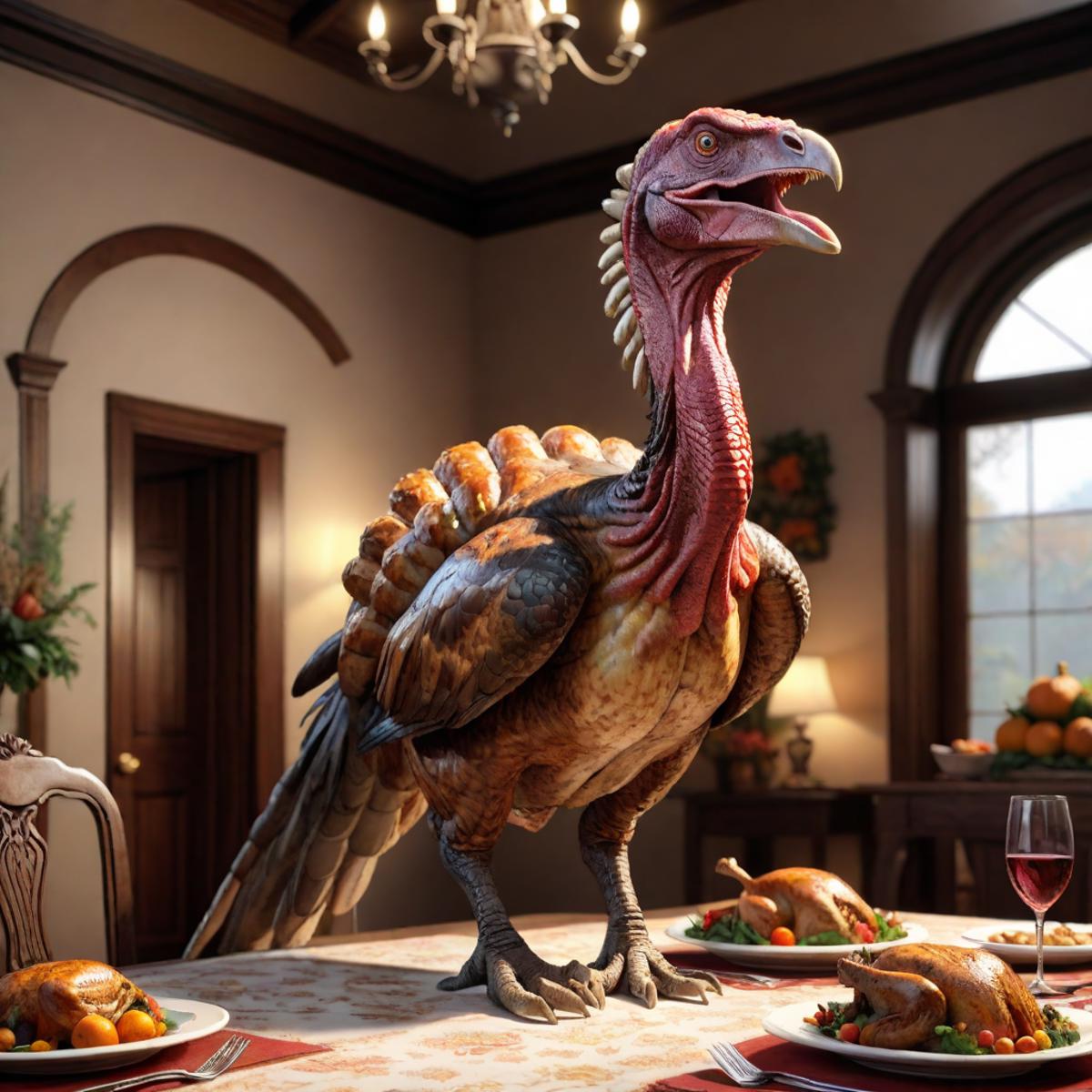 A Thanksgiving Dinner with a Giant Turkey Statue