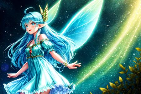 <lora:GoodHands-beta2:0.8>, Fantasy Forest, firefly, 
1girl ( fairy, fairy wings, very long hair, light blue hair, spiked hair, light blue eyes, medium breasts, ) frilled mini dress, light smile, blue crystal jewelry,