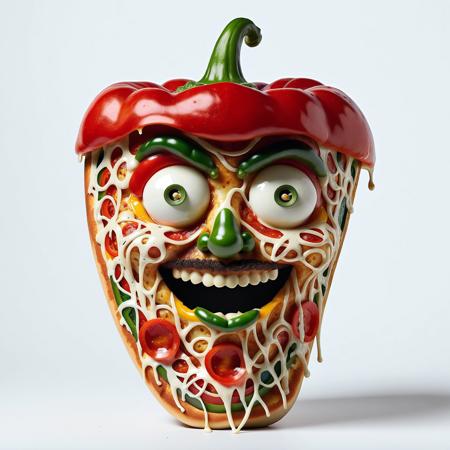 pizzasdx bell pepper with a face, front view, looking at viewer, grin, beret, holding paintbrush, inside gallery