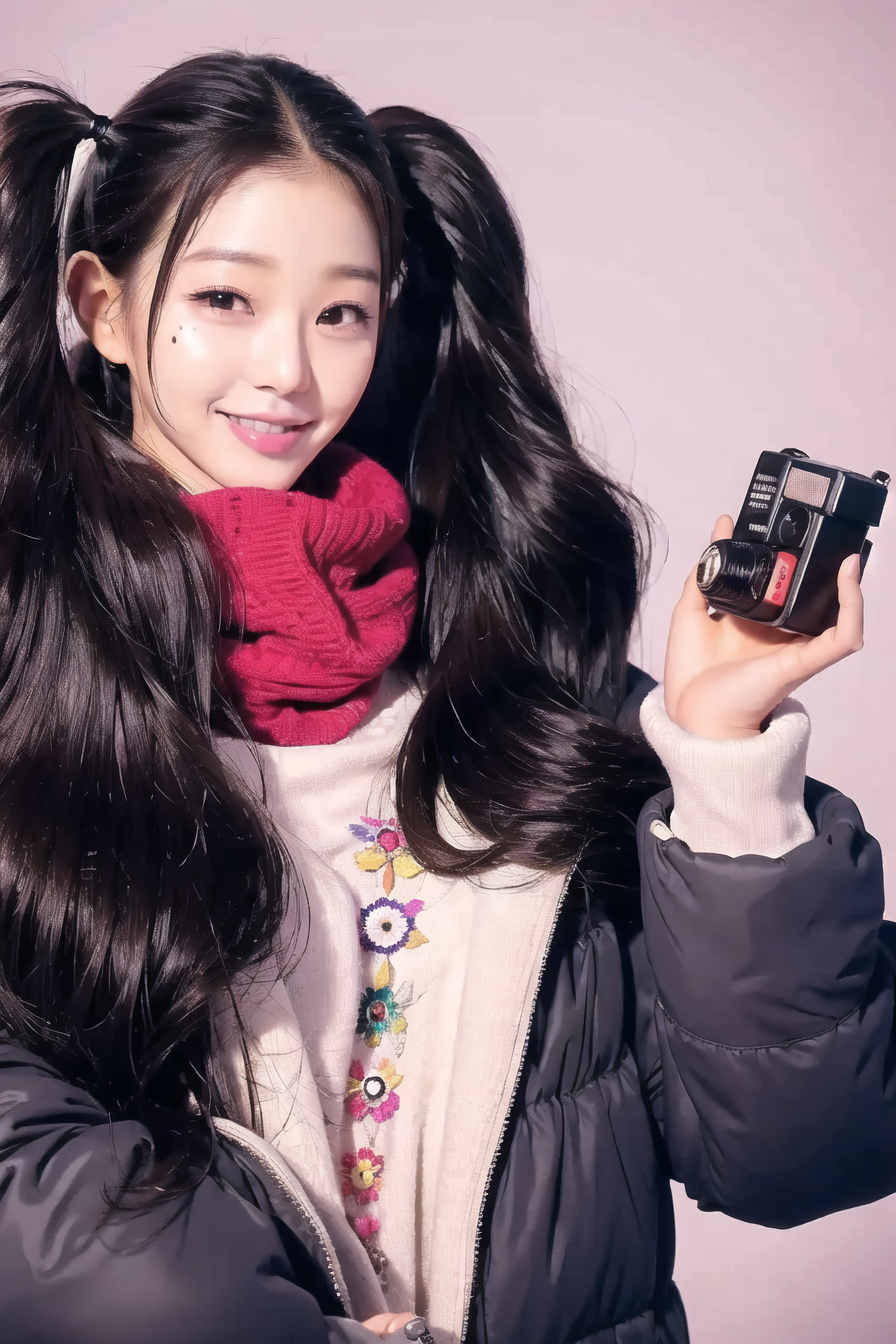 <lora:wonv1A:0.7>, Jang Wonyoung, 1girl, black hair, brown eyes, camera, holding, holding camera, lips, long hair, mole, n...