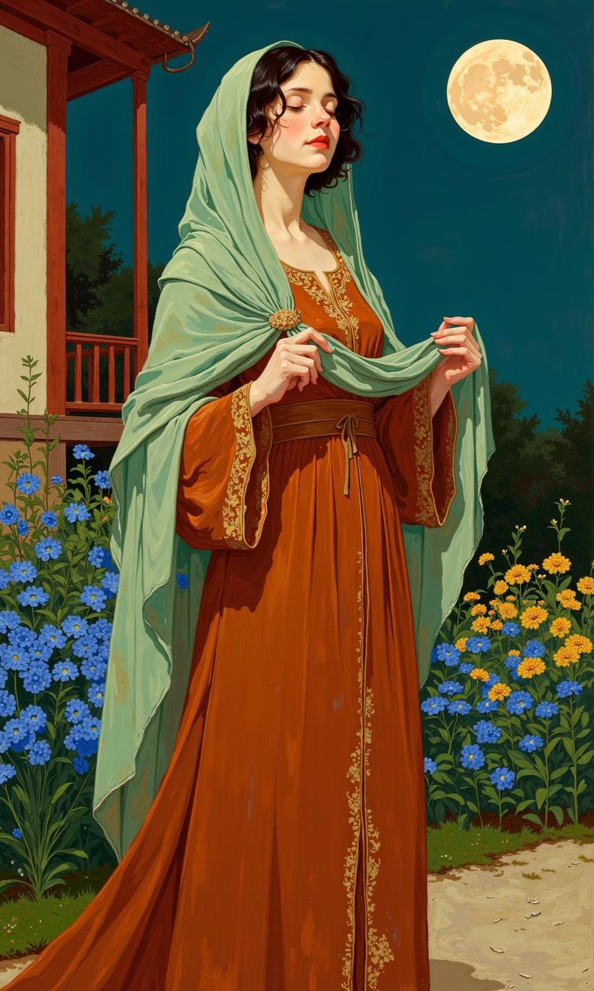 Full shot of a woman, likely from a vintage or stylized illustration, positioned in a garden-like setting under a moonlit sky.
The woman is dressed in a floor-length, rust-colored, robe-like dress.  Over this dress, she wears a light sage green shawl or headscarf, draped over her shoulders and held in place by her hands. The shawl falls in soft folds around her. The dress has intricate, golden-toned, decorative embroidery or accents at the neckline and sleeves. The woman's hands are visible and she's softly holding the shawl.
Her hair is dark brown or black, styled in a fashion relevant to the style of the art piece, possibly vintage. Her expression is serene and her eyes are gently closed. Her lips are a soft, muted red.
The background depicts a garden with vibrant blue and yellow flowers, foliage, and a part of a building with a red door. A full moon is prominently featured above the woman in the upper right quadrant of the image. 
The art style is reminiscent of illustrations or paintings from a past era, characterized by detailed rendering, and soft color palettes. The image exudes a sense of tranquility and charm.
<lora:FLUX-daubrez-DB4RZ-v2:1> DB4RZ, DB4RZ style painting