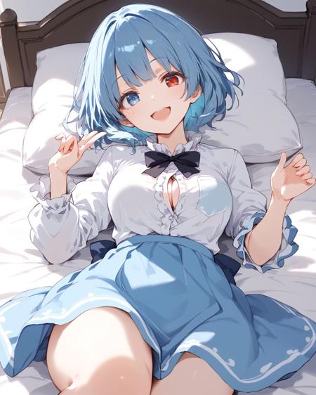 kogasaN tatara kogasa,short hair, blue hair, bangs, heterochromia, red eyes, blue eyes, white shirt, long sleeves, juliet sleeves, vest, blue vest, skirt, blue skirt, no socks, geta, umbrella, holding umbrella, tongue, karakasa obake