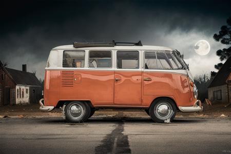 analog gloomy photo of an (orange) volkswagen kombi,  <lora:vwk0mb1:1>, ((haunted house:1.0)), (walking dead:1.0), zombie apocalypse, (abandoned town at (midnight)), (full moon), (winter), (snow), ((horror movie)), ((nighttime)), lost in the wood, ruins, dilapidated buildings, High Detail, Sharp focus, (photorealism), realistic, best quality, 8k, award winning, dramatic lighting, epic, cinematic, masterpiece, rim light, ambient fog:1.5, dutch angle,