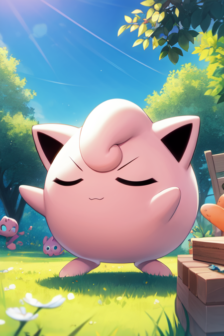 jigglypuff, standing, closed mouth, day, sky, animal focus, grass, tree, holding food, closed eyes, blue sky