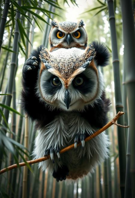 A wide angle shot of a hybrid creature with the body of a big (panda:2) bear and the head of an (owl:1), perched in a bamboo forest, frontview, the creature has the panda's distinctive black and white fur and the owl's large, expressive eyes, ultra detailed, high resolution, photorealistic, cinematic, and 4k, high quality, masterpiece
